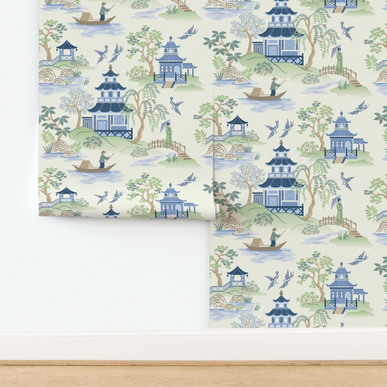 Chinoiserie Pagoda Asian Inspired Toile Landscape Traditional Willow Tree Custom Pre-pasted Wallpaper by Spoonflower Pre-Pasted Wallpaper 2FT Wide